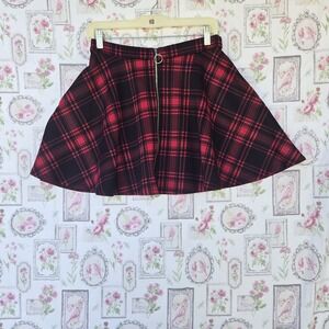 Hot Topic Red Black Plaid O-Ring Zip Front Skater Mini Skirt Womens Sz SM Gothic